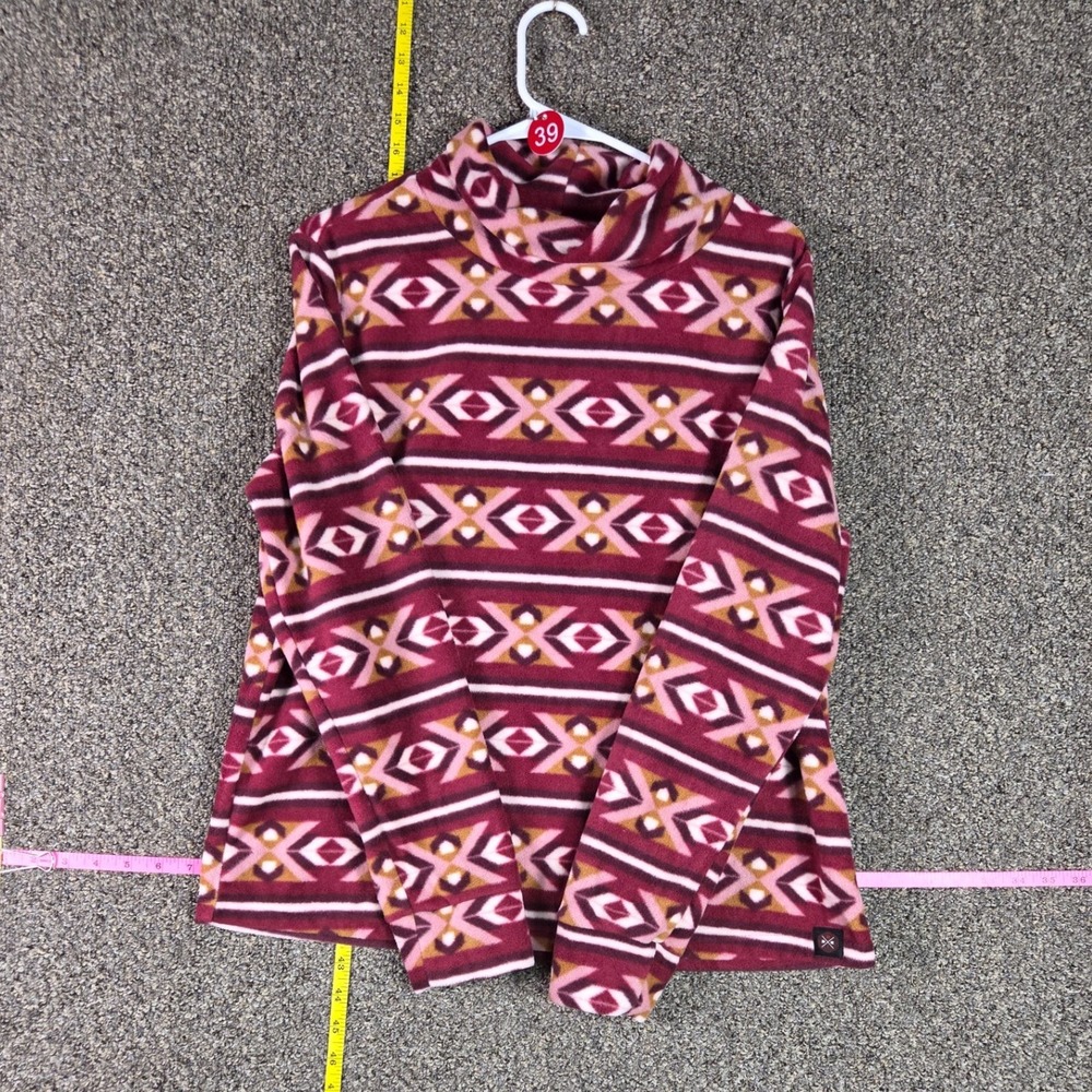Mountain and Isles Pullover Women L Burgundy Geometric Tribal Fleece Cowl Neck